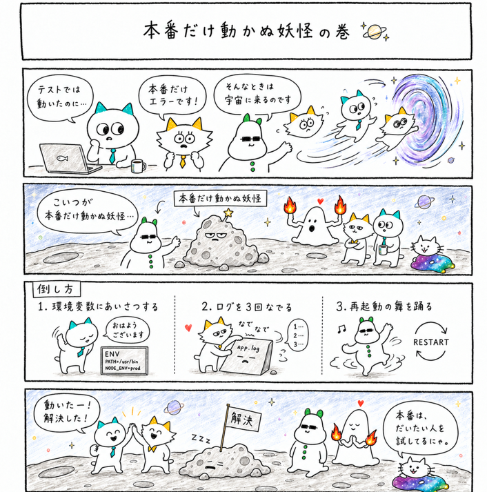 relansukerou's tweet photo. 本番だけ動かぬ妖怪の巻
#リラン助郎　#エンジニアあるある　#４コマ漫画 https://t.co/Q2xtguI2s6