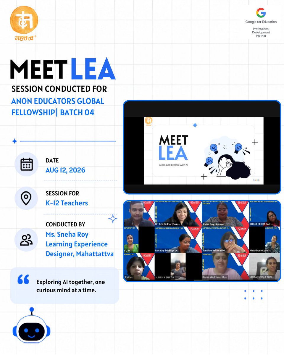 mahattattva's tweet photo. AI-Powered Learning in Action!

Through @Google’s #MeetLEA programme, Team #Mahattattva is bringing educators and students together to explore AI and its role in education.

750+ students | 3,200+ teachers reached since April 2026. Here’s a look at our August 2026 highlights! https://t.co/0puC1wVy3Q