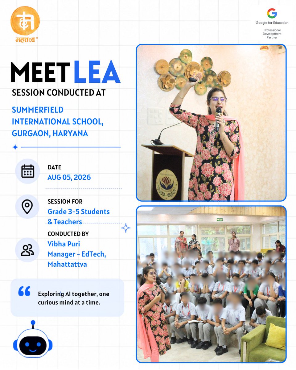 mahattattva's tweet photo. AI-Powered Learning in Action!

Through @Google’s #MeetLEA programme, Team #Mahattattva is bringing educators and students together to explore AI and its role in education.

750+ students | 3,200+ teachers reached since April 2026. Here’s a look at our August 2026 highlights! https://t.co/0puC1wVy3Q