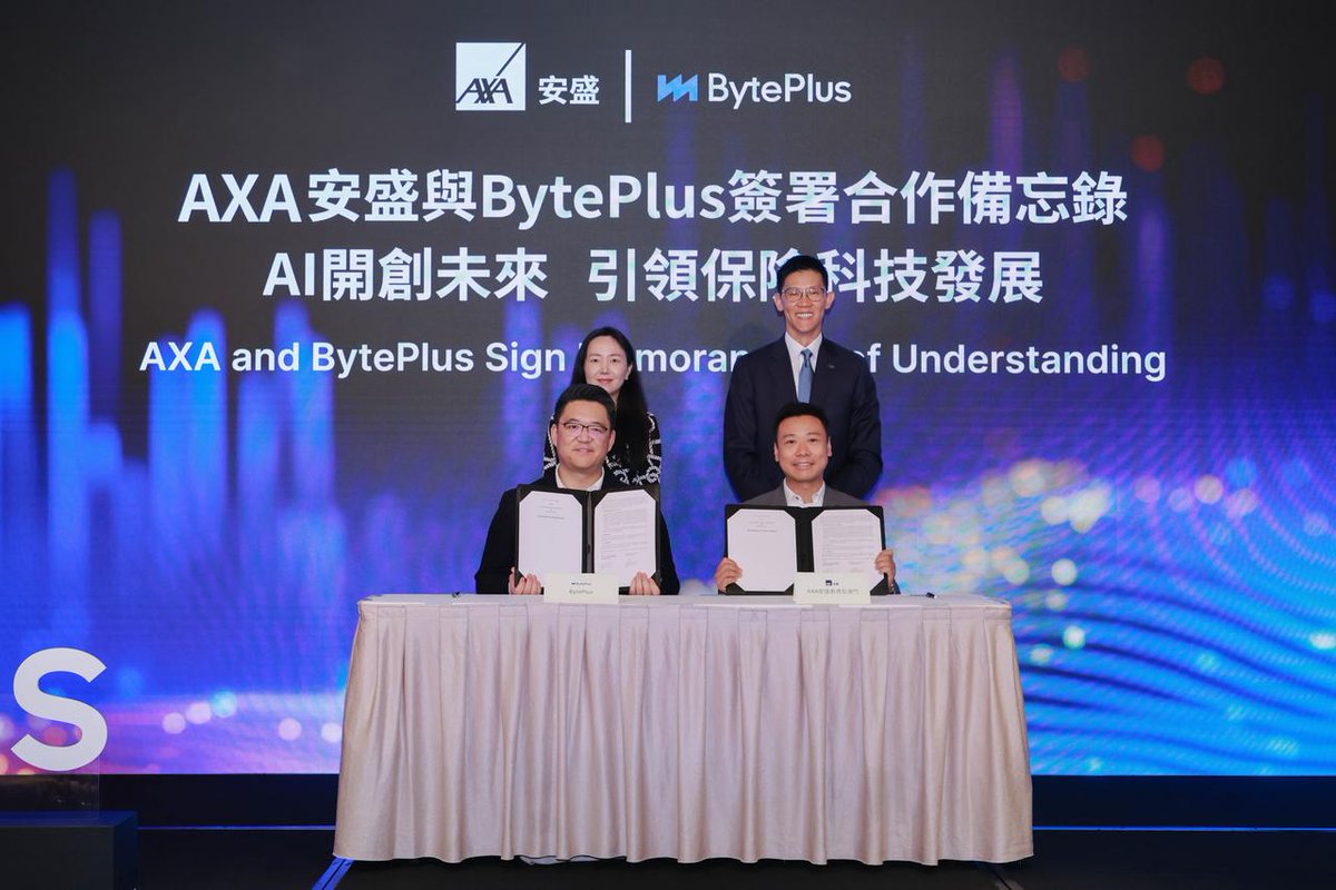 BytePlusGlobal's tweet photo. We're excited to share that BytePlus has signed a MOU with AXA Hong Kong and Macau to accelerate AI-driven innovation across the insurance value chain, spanning underwriting support, claims processing, customer intelligence and marketing enablement.

The co-innovation framework brings together BytePlus's AI and LLM solutions with AXA's insurance expertise.