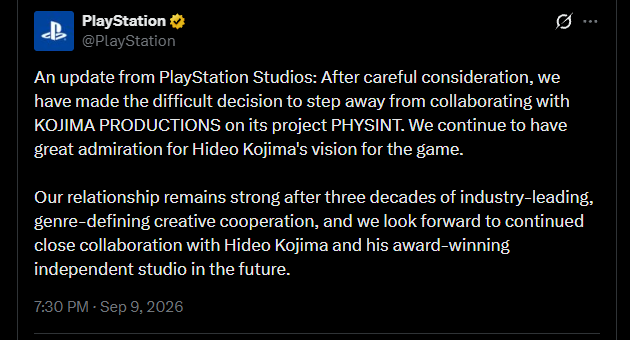 Wario64's tweet photo. PlayStation is stepping away from collaborating with KOJIMA PRODUCTIONS on its project PHYSINT https://t.co/6FDivWdeuY
