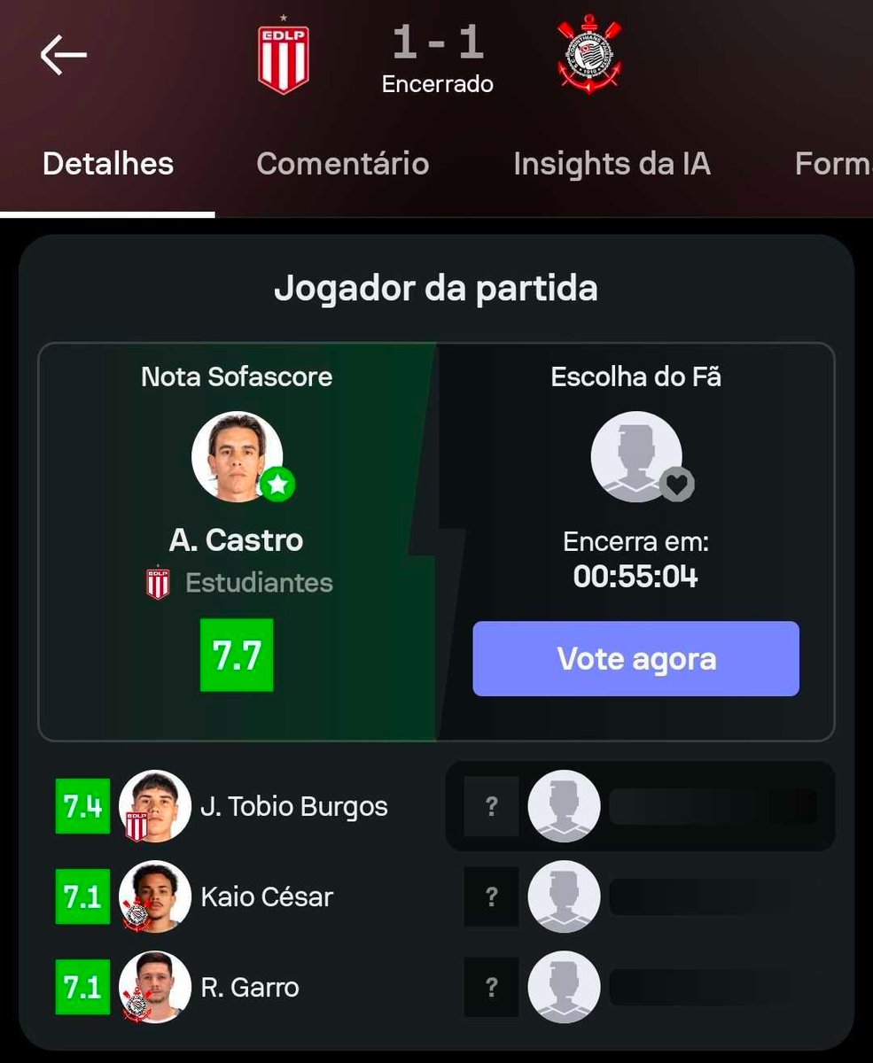 SofascoreBR's tweet photo. 🗳️ Você decide!

Quem deve ser o Jogador da Partida em Estudiantes 1-1 Corinthians? 🤔🤔

📲 Vote agora: https://t.co/YWVQohZtTN https://t.co/IhFZhEwZ7f