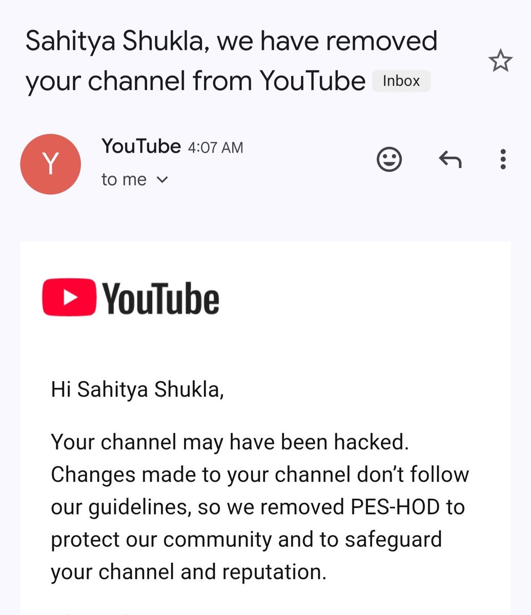 SahityaShukla17's tweet photo. @YouTubeIndia @TeamYouTube @YouTubeCreators 
My YouTube channel PES-HOD has been removed after YouTube detected that my channel have been hacked.
I believe my channel was compromised and the violations were not made by me.
Please review my case🙏and help me recover my channel. https://t.co/d0hOqZldmm