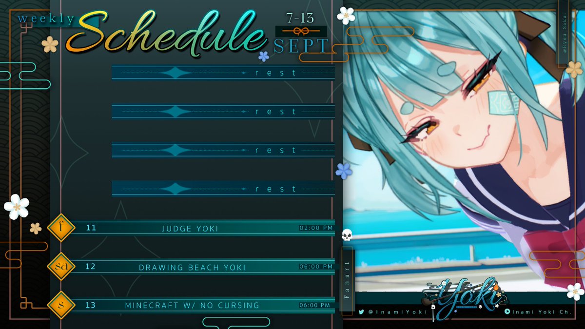 InamiYoki's tweet photo. 【🏮 SCHEDULE 🏮】
📅» All times in EST
---
✒️» #InamiYoki
Join the discord~:
🔗: https://t.co/rw5r67SzFx
#YokiLIVE https://t.co/Q7tQuPlCEq