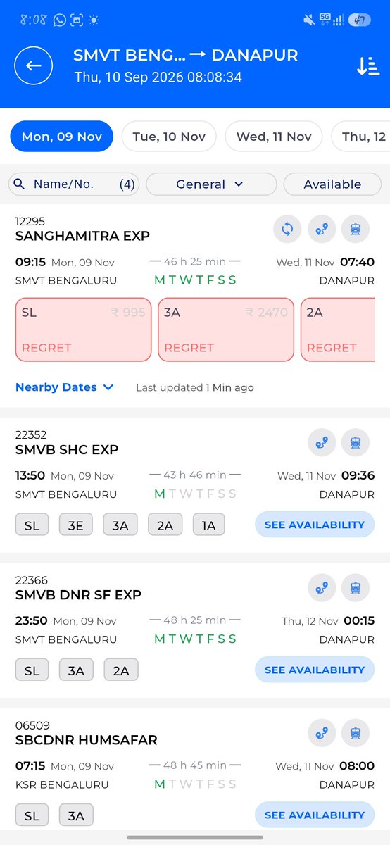 pratik_speed's tweet photo. Some  said use rail one app it'll done . This is what happened,  8:02 am seat available and when clicked on book it said opens at 8:10am. Then clicked on book at 8:08 am showed regret. Wtf is this? Even before the window opens tickets are gone? @AshwiniVaishnaw @IRCTCofficial https://t.co/MFNiUkMjnS