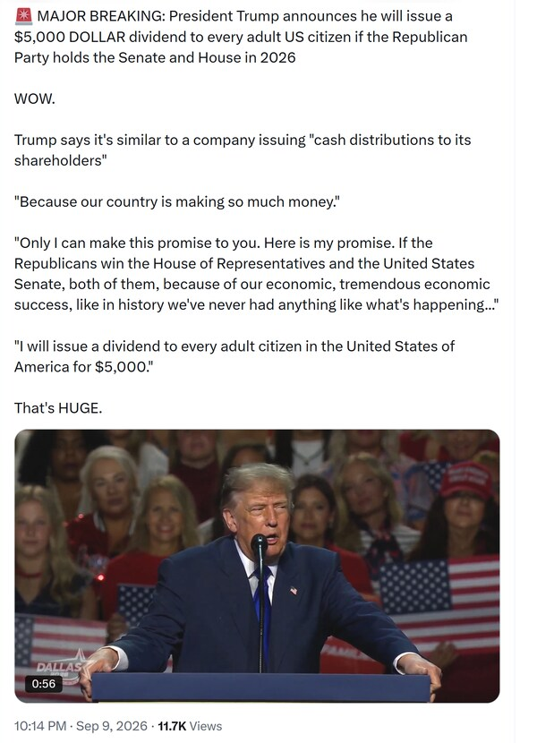 SoundofAmerica1's tweet photo. 【美国之声--这事大！ 川普总统：守住两院就发钱】2026年9月9日川普总统：如果共和党在2026年中期选举中守住参众两院，他将向每位美国成年公民发放5,000美元的红利：

这类似于一家公司向股东发放现金分红，“因为我们国家赚了太多钱了。只有我能向你们做出这个承诺。这就是我的承诺：如果共和党赢得众议院和参议院，两院都拿下，因为我们取得了巨大的经济成功，历史上从未有过像现在这样的成就……我将向美国每一位成年公民发放5,000美元的红利"。

注：估算一下，总共将发出1.3万亿美元：美国成年人（18岁以上）大约2.6亿人，2.6 x 5,000 = 1.3万亿美元。

@EricDaugh

#守住两院就发钱 #中期选举 #美国之声