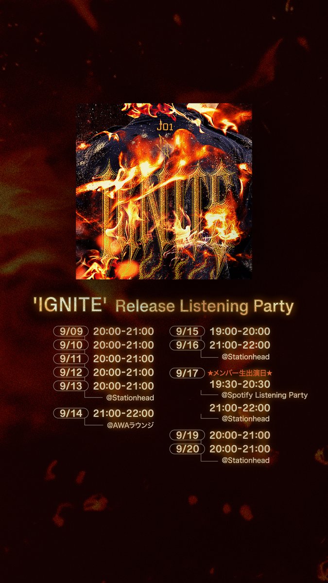 official_jo1's tweet photo. [📢]

'IGNITE' Release Listening Party🎧

🗓️9.10(THU) 20:00～21:00🦊✈️

Follow our Stationhead
🔗https://t.co/hZZ6lvvijR

#JO1 #AAO #JO1_IGNITE
#東京リベンジャーズ #東リベ
#toman_anime https://t.co/ZGmuOsKV6Y