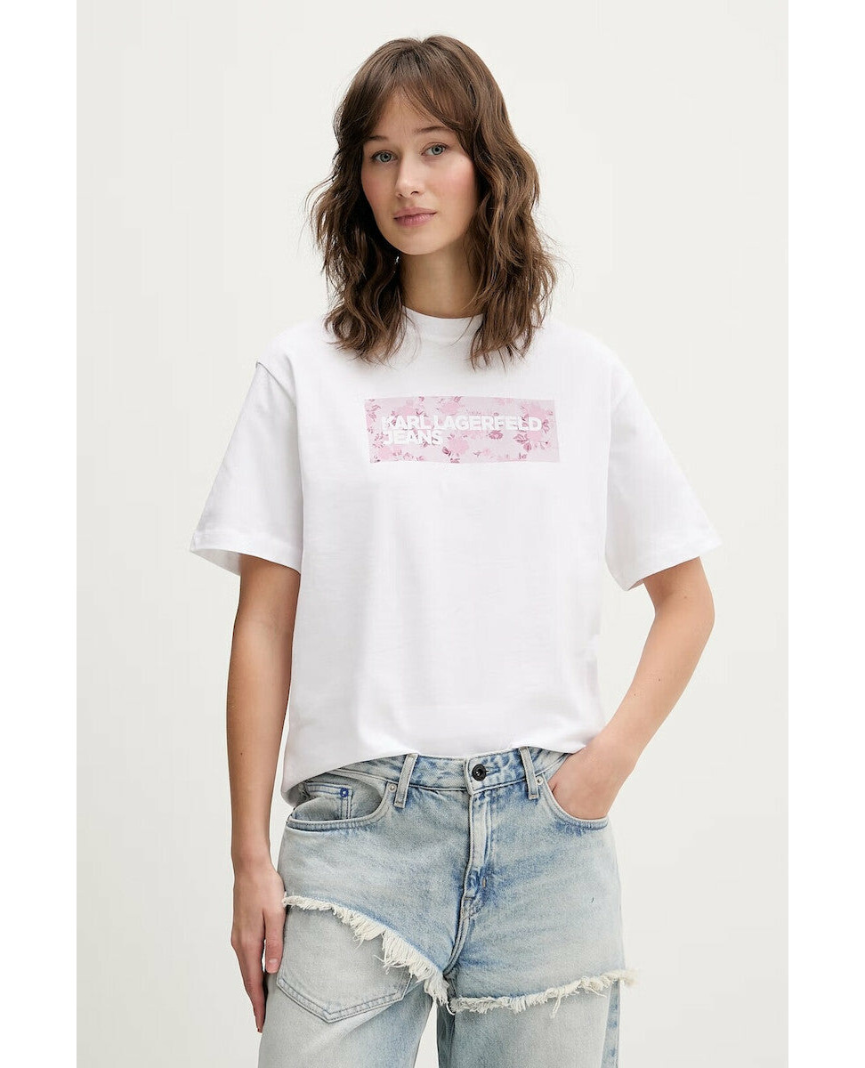 StantonKnich's tweet photo. This T-shirt defines elegance. The white Karl Lagerfeld Regular Fit Floral Logo Women's T-shirt offers comfort and style with a soft feel and unique floral design. Available for €33. 00 while stocks last. Buy now. https://t.co/KI9muzc6Rb