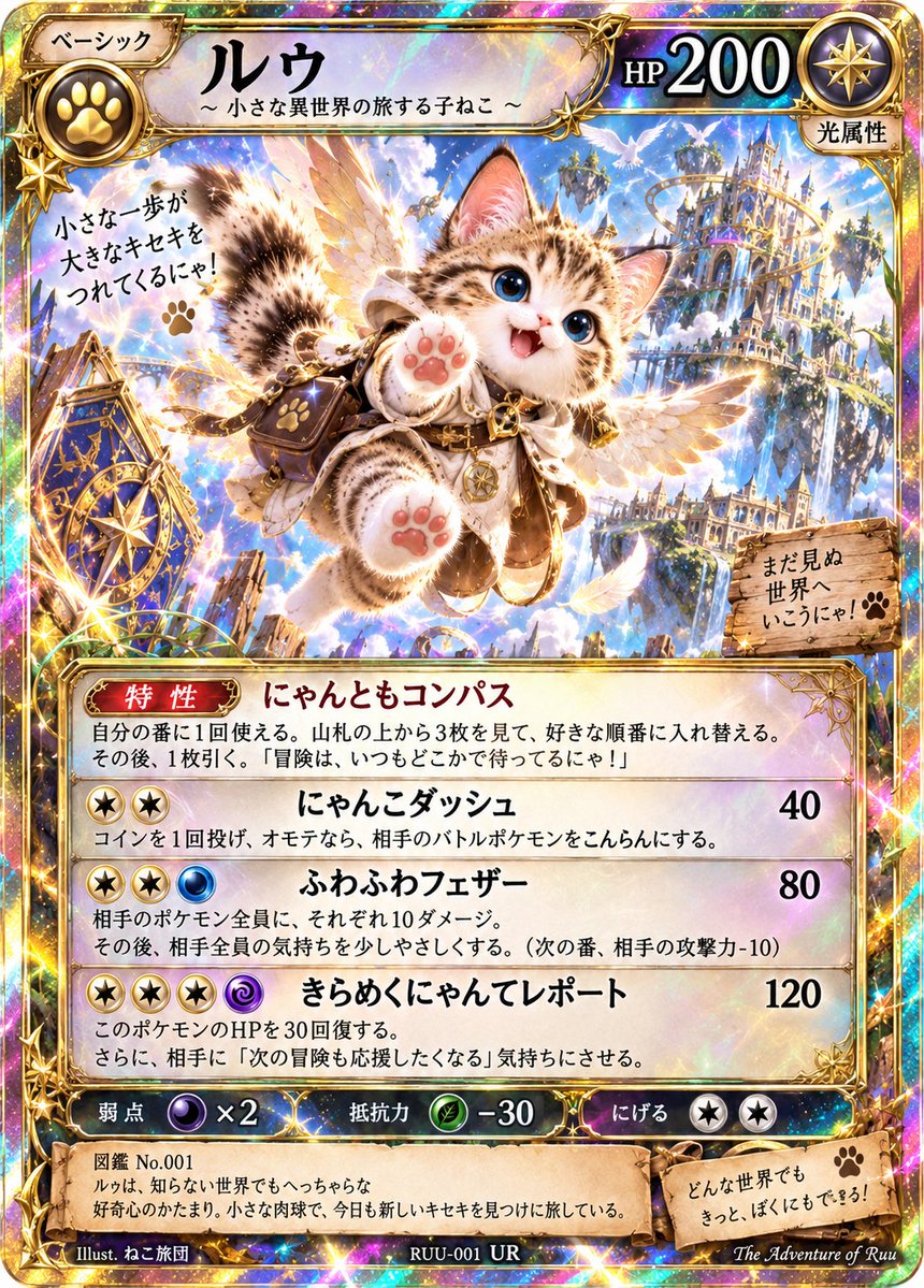 pondering20's tweet photo. 🐾✨【ルゥ、トレーディングカード化！？】

「ぼく、もっと強くなりたいにゃ！」

小さなこねこ冒険者・ルゥが、
なんとプレミアムなカードになりました🌟

⚔️ Fランク冒険者
❤️ HP200
🐾 特性「にゃんともコンパス」
✨ 必殺技「きらめくにゃんテレポート」

……でも、本人は強さより
「おやつはどこにゃ？」が気になるみたいです😂🐱

ここから、ぼくの本当の冒険が始まるにゃ！🌈

#こねこの異世界冒険記 #ルゥ #異世界ファンタジー
