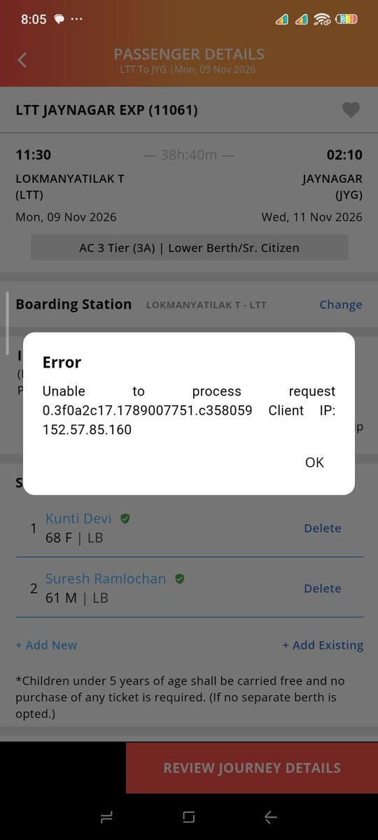 rajdanimandal's tweet photo. @RailMinIndia @IRCTCofficial @AshwiniVaishnaw
Tried booking Senior Citizen quota tickets in Train 11061 (LTT-JYG) sharp at 8:00 AM.
IRCTC App crashed with "High Load" &amp; server errors till 8:06 AM, then showed REGRET. Genuine senior citizens are suffering.Aam aadmi kidhar jaye? https://t.co/P790rNunXr