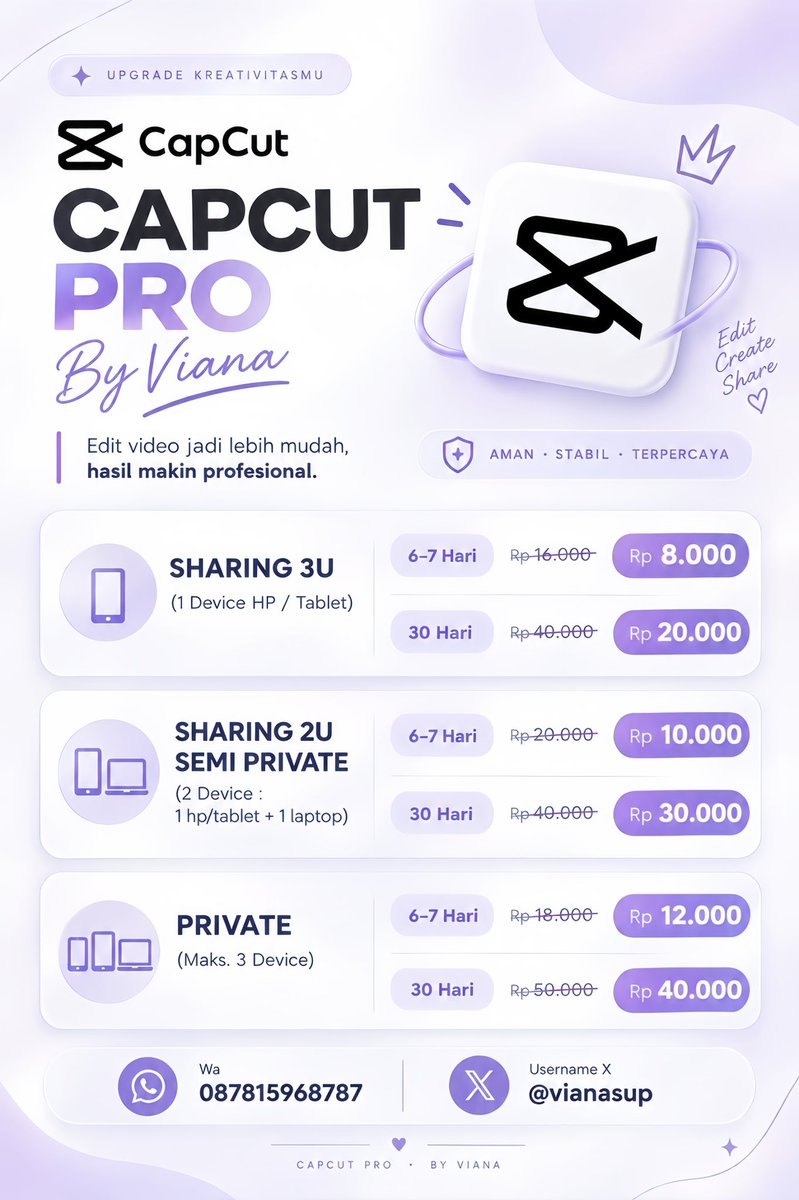 Vianasup's tweet photo. Hallooo semuanya!
aku lagi turunin harga capcutpro, lagi promo murah banget nihhh
promo terbatas yahh

7 hari start di 8.000 ribuan
1 bulan start di 20.000 ribuan aja

Order langsung ke wa : https://t.co/2ZgQR9u589

#zonauang #capcut https://t.co/C8fdTCpayS