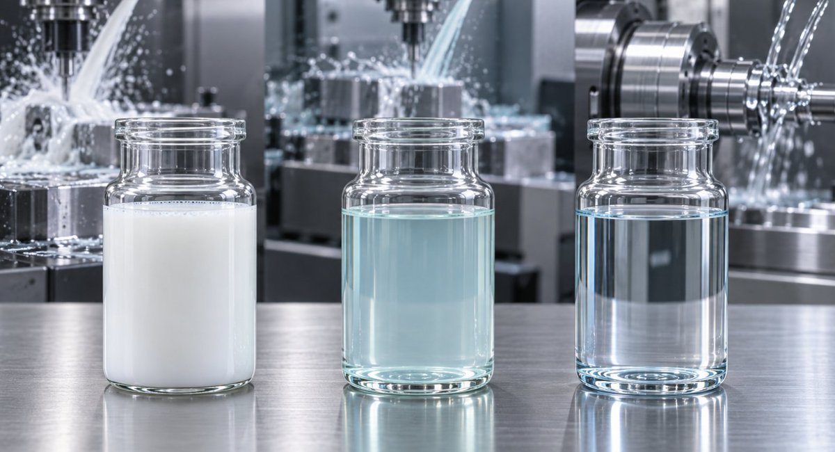 sanwachemical's tweet photo. タンクのクーラント、白く濁っていますか？
それとも透き通っていますか？

実はあの色、水溶性切削油の「タイプ」を表しています。同じ水溶性でも、中身と得意分野はかなり違います。

■白く濁っている → エマルジョン（乳化型）
油の細かい粒を、水の中に分散させたタイプ。牛乳���ような見た目はこのためです。潤滑・冷却・防錆のバランスが良く、幅広い現場で使われる万能型。

■透明度が高い → ソリュブル（可溶性）
油を水に溶かし込んだタイプ。冷却性がさらに高く、液が透けるので加工点が見やすいのが強み。高精度な加工にも対応します。

■透明で高機能 → シンセティック（化学合成型）
石油系の油を含まず、化学合成された成分で作るタイプ。冷却性・清浄性に優れ、難削材や高速・高精度加工向き。泡立ちにくく、腐敗しにくいのも特長です。

「うちの液はどのタイプか？」を知っておくと、トラブルの原因の見当も、次の液選びの相談も、ぐっとスムーズになります。

今日、タンクの色をちらっと見てみてください。