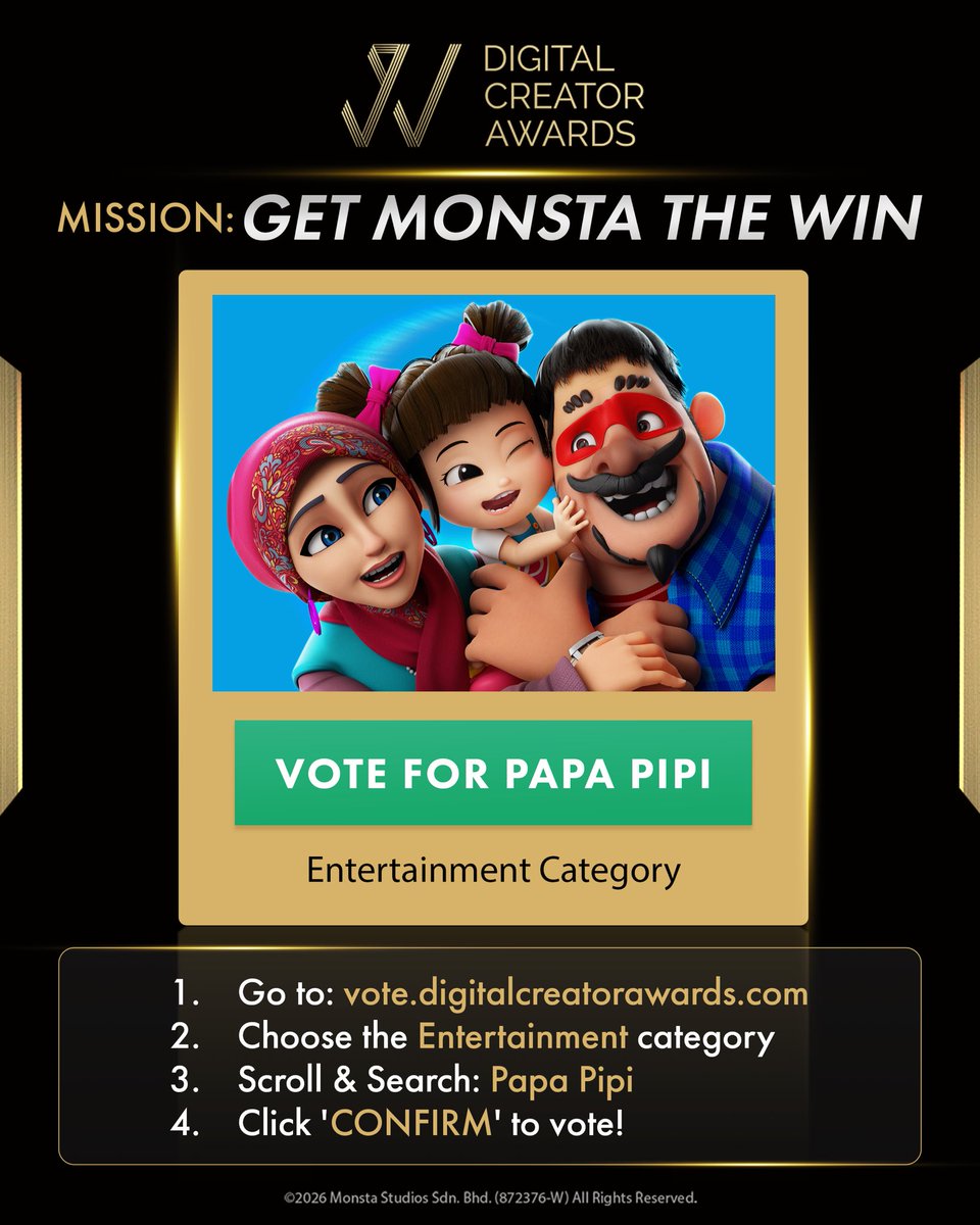 papapipizola_'s tweet photo. 🇲🇾 Jangan lupa untuk terus menyokong Papa Pipi di Digital Creator Awards di Doha, Qatar! 🏆
Jika anda belum mengundi, anda masih boleh vote di:
https://t.co/mrDy9eez9s
Terima kasih semua! #PapaPipi #DigitalCreatorAwards https://t.co/Y7u4TltoaR