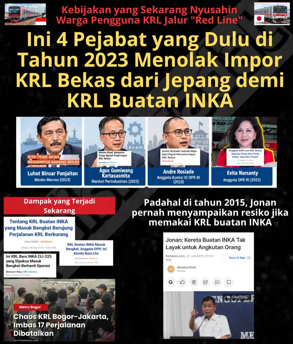 keluhkesahkonoh's tweet photo. pada 2015, gue pernah nanya langsung ke Jonan:

“Pak, kenapa KAI di zaman bapak lebih pilih beli KRL bekas dari Jepang daripada pakai buatan INKA?”

kata beliau, INKA waktu itu belum bisa bikin kereta untuk manusia yang regulasi keselamatannya jauh lebih rumit dibanding kereta barang.

garis bawahi: kereta ya, bukan sekadar gerbong yang ditarik lokomotif.

Jonan bilang, kalau KRL INKA dipaksakan tetap dipakai, yang dirugikan justru masyarakat pengguna dan operator, dalam hal ini KCI.

11 tahun berlalu, omongan Jonan masih relate dan valid sama kondisi yang terjadi sekarang.

tambahan: Andre Rosiade dan Evita Nursanty ini juga bukan dari dapil Jabodetabek. gue yakin mereka juga bukan orang yang rutin naik KRL.

kok bisa orang yang bukan dari dapil Jabodetabek dan bukan pengguna KRL malah ada di komisi yang ngurus KRL?

fungsi sebagai “wakil rakyat”-nya di mana?

rakyat bagian mana yang lu wakilin dan lu suarakan kepentingannya?

mungkin ini bisa jadi gambaran kalau sebagian besar anggota DPR maupun DPD kita sebenarnya gak benar-benar merepresentasikan kondisi rakyat yang mereka wakili.
