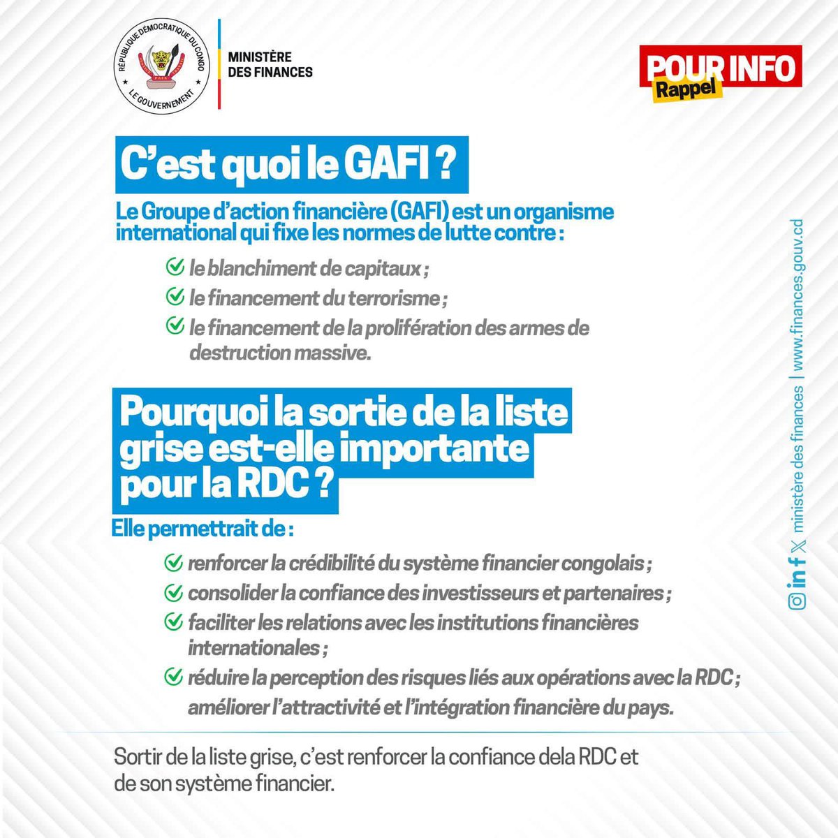 emma89867's tweet photo. œuvre dans le cadre des recommandations du GAFI

La République démocratique du Congo enregistre des avancées significatives dans le renforcement de son dispositif de lutte contre le blanchiment de capitaux et le financement du terrorisme. https://t.co/r3RgfBppzB