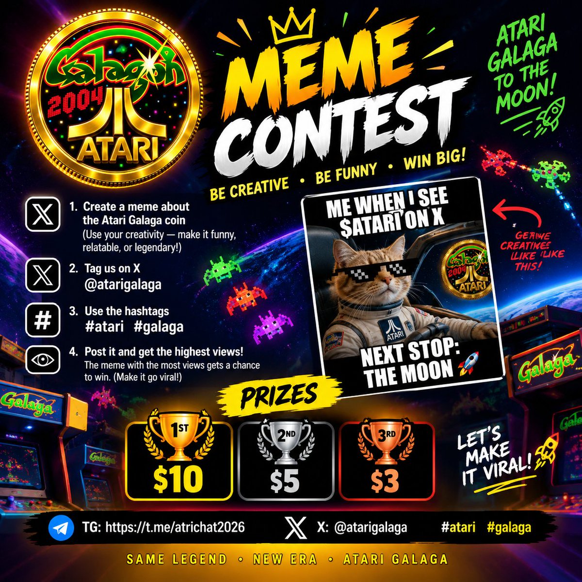 larrycaeser's tweet photo. 🔥 ATARI GALAGA MEME CONTEST 🚀👾
Think you can make the funniest, most creative $ATARI meme? 👀
Create your meme, post it on X, tag @atarigalaga, and use:
#ATARI #GALAGA
🏆 PRIZES
🥇 1st — $10
🥈 2nd — $5
🥉 3rd — $3
📈 The meme with the highest views gets the top spot #goviral https://t.co/nQzrtzuz7q