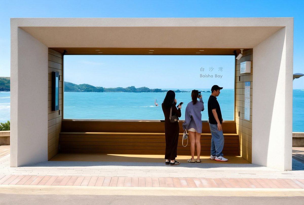 NewTaipeiGov's tweet photo. Don’t miss the newly opened #Baishawan Bus Stop on your next trip to #Shimen, #NewTaipei! Built with warm wood and expansive glass, it frames beautiful views of blue skies and the shimmering sea, turning even a wait for the bus into a picture-perfect moment.🌅 https://t.co/5T7Mod3wWp