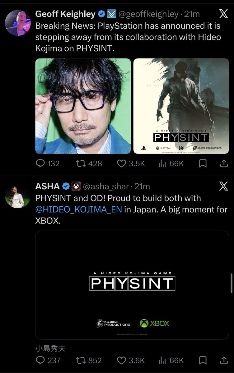 aubreydeepspace's tweet photo. Making a joke that Asha was already on a call to scoop this deal up only to scroll and see the next tweet. Asha continues to impress me and I hope Hideo Kojima finds a wonderful home within the Xbox family to pursue his creative goals. https://t.co/GTFLDPAich