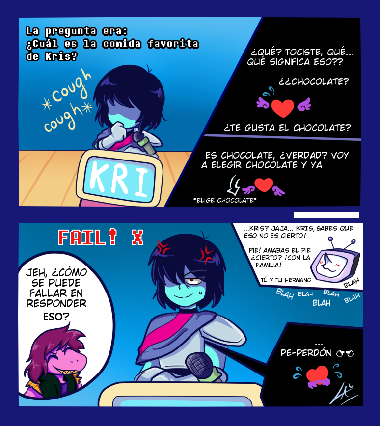 kuki4982's tweet photo. Some comic based in my experiences playing the game, I managed to reach chapter 3 during vacations

Yet I reset the quiz game so many times because of how bad I was at it, How I was supposed to know what Kris' coughs means? x'D #Deltarune #Fanart #Kris #KrisDreemurr #Susie #Tenna https://t.co/VqVFxTCWeg