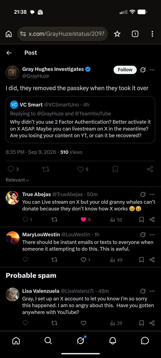 BoneCrusha77's tweet photo. @YTBadActors Well, clearly he failed to use reason, logic &amp; common sense! He probably used repetitive simple passwords across accounts after he brought this to his front door by clicking some phishing link.  Good news though, LisaV learned X! 👏👏

 Karma finally caught up to Grifty Gray. https://t.co/bRZTByysKf