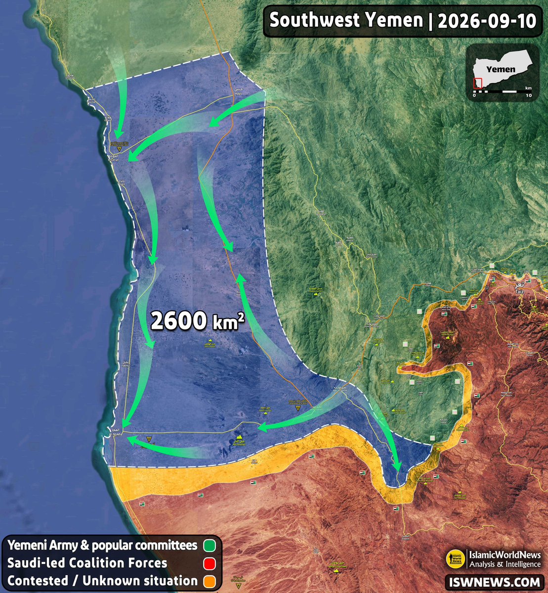 A7_Mirza's tweet photo. 🇾🇪‼️ Lightning Advance of the Yemeni Army on the Taiz and Al-Hudaydah Fronts; Al-Mokha Port Liberated!

✍️ Yemeni armed forces and popular committees, through a series of lightning operations and in the span of only a few hours, achieved vast advances covering an estimated area of 2,600 square kilometers across Taiz and Al-Hudaydah governorates, liberating numerous areas including the strategically vital port of Al-Mokha.

🟡 On the Taiz front, Yemeni armed forces fighters achieved rapid advances in the Al-Wazi'iyah and Mawza' districts of western Taiz Governorate. During these lightning advances, Yemeni armed forces, with the support of popular committees, succeeded in clearing the Al-Wazi'iyah junction, the Al-Mokha junction, the important Khalid ibn al-Walid base, as well as areas in the Al-Wazi'iyah district including Al-Haniya, Al-Aqmah, and Al-Ghayl up to the outskirts of Al-Shuqayrah town, the administrative center of Al-Wazi'iyah district.

🟡 In southern Al-Hudaydah Governorate, Yemeni armed forces took control of the important towns of Hays and then Al-Khukhah, and continuing their advance along the coastal strip and liberating Yakhtul, they entered the vital port of Al-Mokha and seized control of it as well.

👉 The advances made in the early hours of today are reminiscent of the lightning advances of five years ago in Al-Hudaydah Governorate, when in November 2021, Saudi coalition forces were suddenly forced to withdraw from the entire coastal strip—from inside Al-Hudaydah city to north of Al-Khukhah in southern Al-Hudaydah Governorate.

‼️The intense pressure from Yemeni fighters continues across all axes of western Taiz Governorate and southern Al-Hudaydah, and Tariq Saleh's forces are fleeing the fronts toward Aden.

✍️ Overall, with the advances made over the past three days, the necessary groundwork has been laid for the complete clearing of Yemen's southwestern coast and the strategic Bab al-Mandab Strait, and a major victory for the Axis of Resistance will soon be achieved. The aerial and ground dominance of Yemeni armed forces over Yemen's western coast will prevent the Saudi coalition from expanding threats against maritime shipping and will pave the way for breaking the naval siege on Yemen.

#Yemen