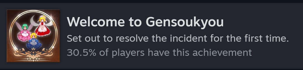 AndrewBroiled's tweet photo. i like how the steam achievements are actually pretty representative of touhou fans as a whole. only 30% have actually played the game. https://t.co/0N16bvZ6A8