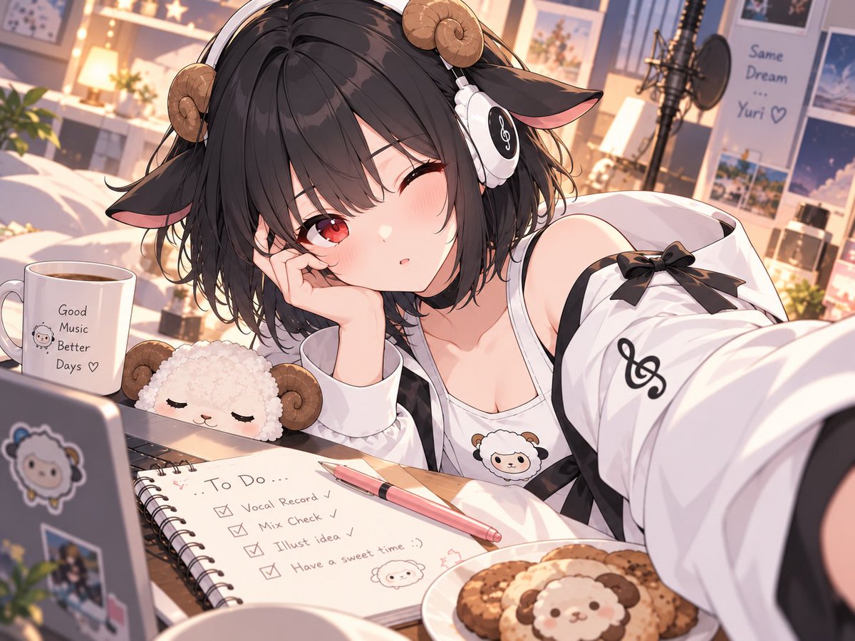 LuminelleOst's tweet photo. I told myself I’d only finish one thing tonight…
somehow the to-do list kept getting shorter, and my coffee kept getting colder. ☕️

A little tired, but in a good way.
I think I’ll call it a day soon. Maybe. 🐑

#YurixFate #Luminelleost #AnimeGirl #VirtualSinger #CozyVibes https://t.co/TIDw2aTKV4