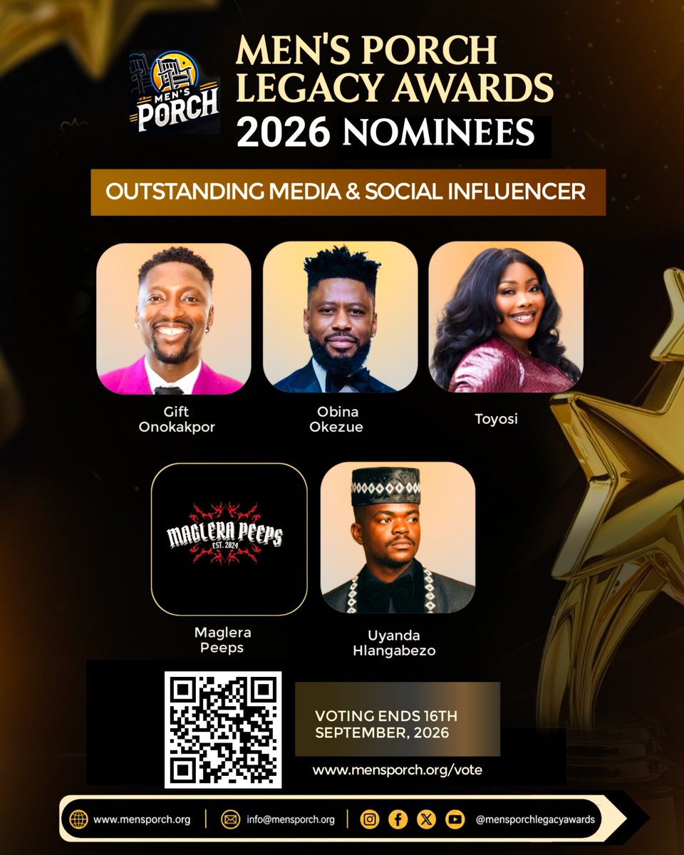 Mplegacyawards's tweet photo. 🏆 Outstanding Media &amp; Social Influencer 2026

Celebrating our outstanding nominees:  @toyosiolosunde @peeps31920  @Uyanda_20 @thedanielokezue

VOTE NOW : https://t.co/Js27VaR4Py

#MensPorchLegacyAwards #LegacyAwards2026 #MediaInfluencer #VoteNow #CelebratingLegacy https://t.co/tZbU1reHZK