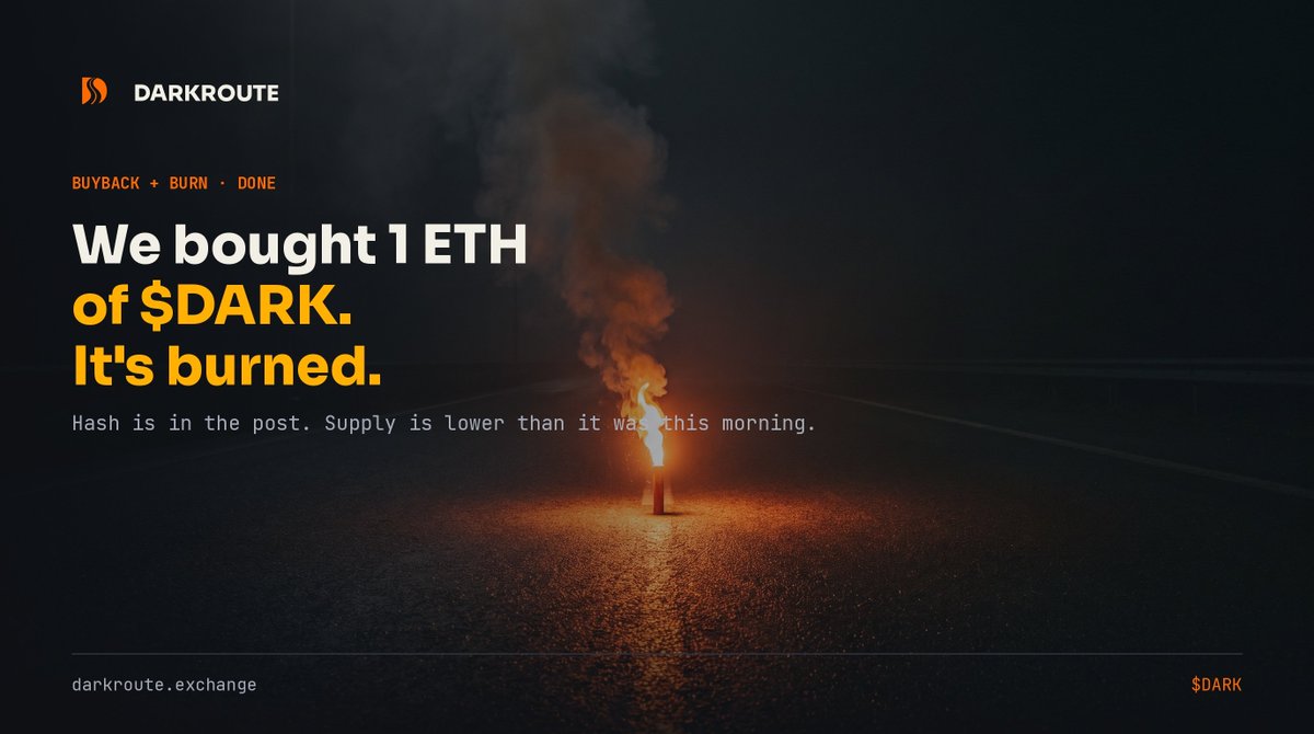 darkrouteRH's tweet photo. Bought 1 ETH of $DARK off the market and burned all of it.

Buyback proof https://t.co/FTdDa0xnwH

1M $DARK gone. Supply is lower than it was this morning.

Burn proof https://t.co/HbovdkUy0Y https://t.co/KMekAtW9pw
