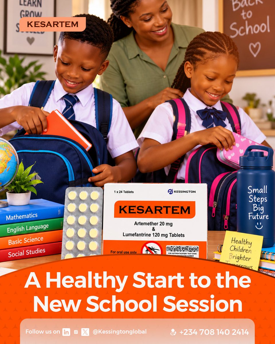 getkesartem's tweet photo. As schools prepare to resume for the 2026/2027 academic session, ensure your family is prepared for common health concerns, including malaria. Keep Kesartem 20/120 within reach.
Kesartem- available in pharmacies nationwide.
#Kesartem #NewSession #GetPrepared #NoFear https://t.co/GYoevRNiMr