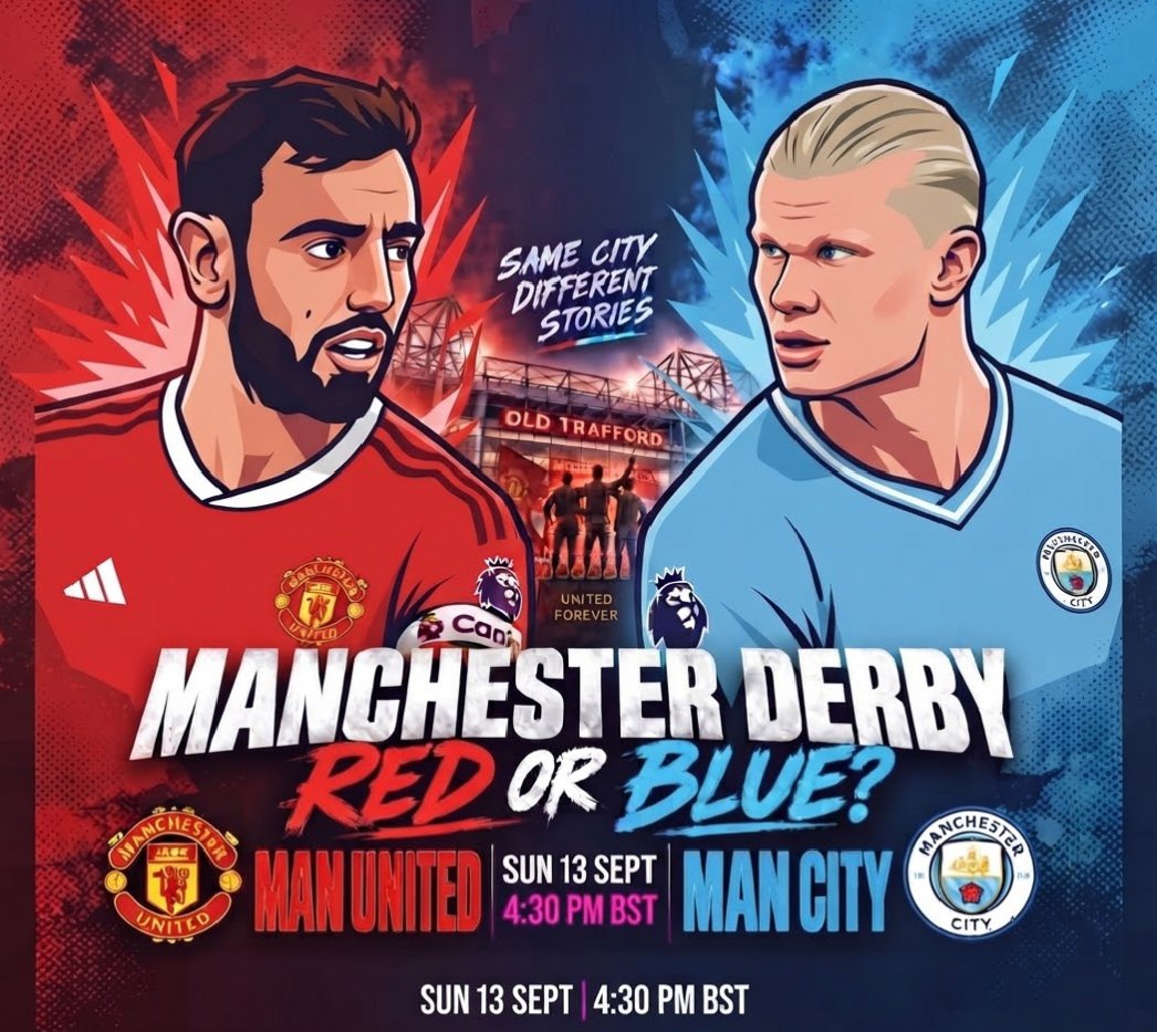 Manunitedboyy's tweet photo. Manchester is RED or BLUE? 👀🔴🔵
The Manchester Derby is here! 🔥
⚔️ Man United vs Man City
🗓️ Sunday | 9 PM IST

Join @manunitedboyy for matchday polls, heated fan debates, predictions &amp; all the derby reactions! ⚽🔥
#ManchesterDerby #ManUnited #ManCity https://t.co/5VYjxJwMXp