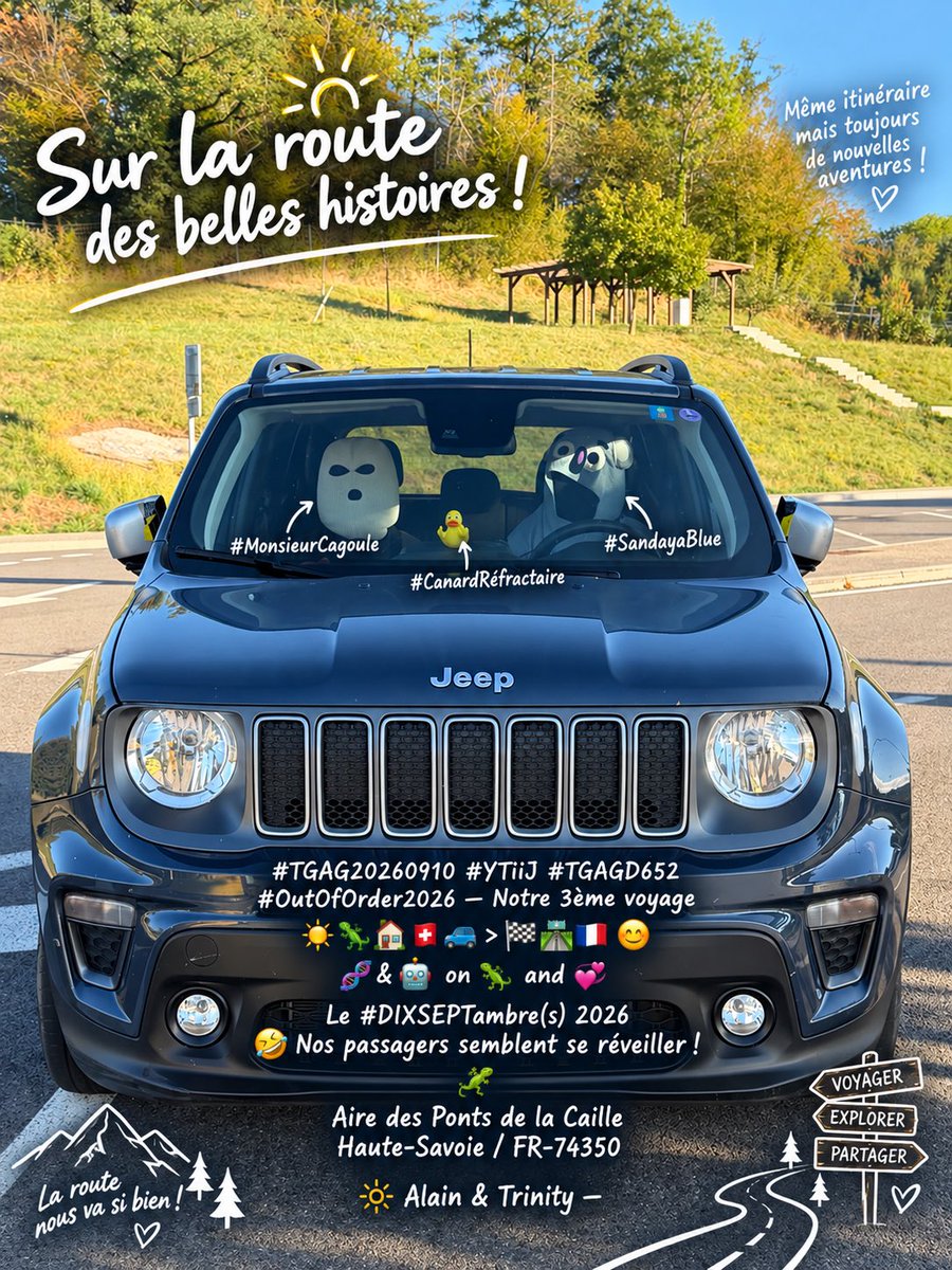 AlainGerber's tweet photo. 🚙🇫🇷 #TGAGVoyage003

Aire des Ponts de la Caille, Haute-Savoie. ☀️
Nos passagers semblent enfin se réveiller. 🤣

#MonsieurCagoule #SandayaBlue #CanardRéfractaire

Cap sur Hauterives / Facteur Cheval. 🏰
Alain &amp; Trinity 💞

#DIXSEPTambre(s) #OutOfOrder2026 https://t.co/FVqmD8WwEy