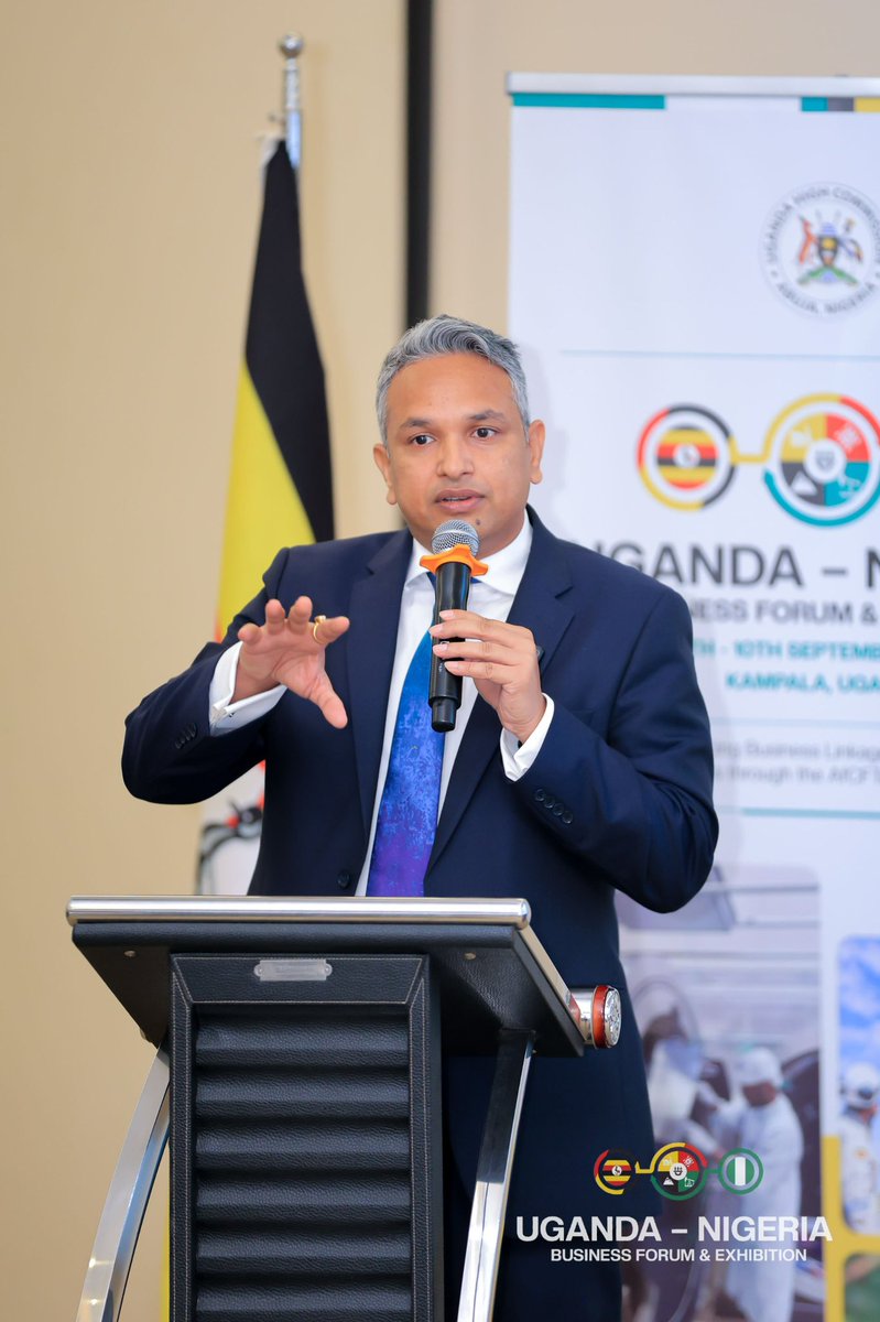 UgandaMFA's tweet photo. Mr. Ajay Kumar Pal, CEO @qcil_uganda2 highlighted the strong potential for Uganda–Nigeria cooperation in pharmaceuticals, noting that both countries have significant healthcare needs and still import much of their pharmaceutical products. 

He called for greater intra-African production and trade while addressing regulatory restrictions, trade barriers, delays and currency-settlement challenges, stressing that governments create the enabling framework while the private sector must drive actual trade and investment.