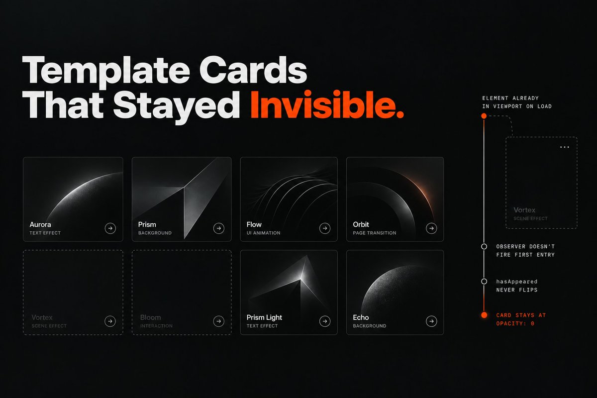 hitesh_b_'s tweet photo. 🚧 Builder's Log #005: Template Cards That Stayed Invisible

New templates listing in Hyperiux Vault. Cards render, then some of them just stay at opacity: 0.

Not all of them, only the ones already in the viewport when the page loads.

EffectCardNew gates its fade-in behind an IntersectionObserver. hasAppeared flips to true once the card crosses into view, and the animation plays. I confirmed it directly by reading the computed opacity and the character-level SplitText state straight out of the DOM instead of guessing.

For a card already inside the viewport on mount, the observer doesn't reliably fire that first entry, so hasAppeared never flips and the card sits there invisible.

I forked a separate TemplateCard component instead of fixing the observer.

At the time, that felt like the right call. Two components each handling one concern seemed better than one component branching on two.

But the original bug is still sitting in EffectCardNew, live on the effects catalog, and I never went back to fix it.

That's real debt. "Worth fixing separately" is easy to write in a commit message and easy to let quietly mean never.

Naming it here so it doesn't.

#React #Frontend