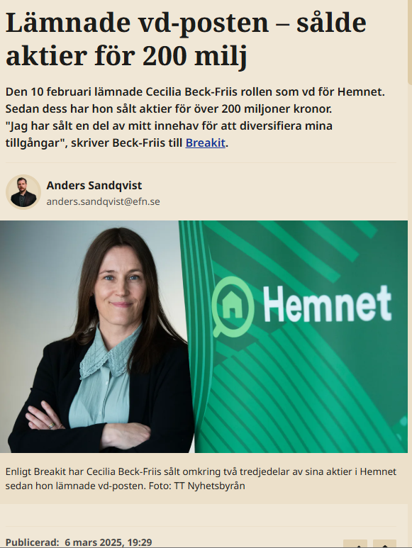 Davidhelldn's tweet photo. Hall of fame-nivå på f.d. VD i Hemnet. 

Uppe och konkurrerar med BICO-gänget för bäst timade exit någonsin! https://t.co/BqvGaVqeun