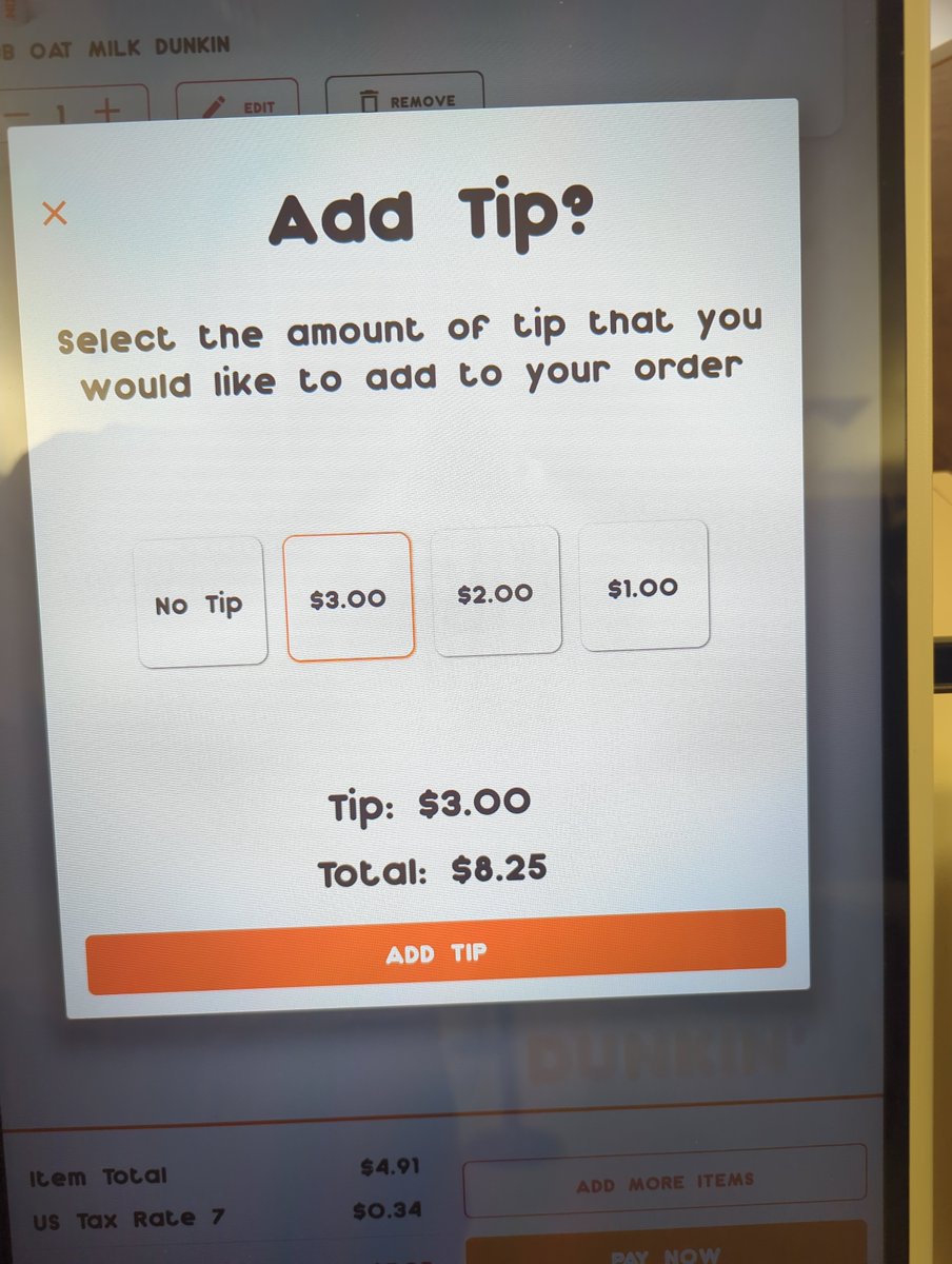 crazysmooth's tweet photo. #DunkinDonuts
While ordering from the kiosk, through the progression to pay for my order, $3 is automatically selected and I have to UNselect it before paying. 

#Tips

They probably have cameras in their kiosk also ( #flock ? ) https://t.co/doB1mTu5fb
