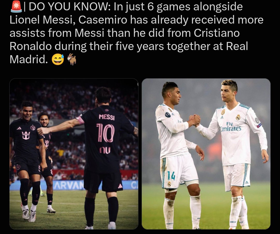Manunitedboyy's tweet photo. 🚨 DID YOU KNOW? 👀
In just 6 games playing alongside Lionel Messi, Casemiro has already received more assists from Messi than he did from Cristiano Ronaldo during their entire 5-year spell together at Real Madrid. 😅🐐
The numbers are speaking for themselves! 🔥
#Messi #Ronaldo https://t.co/Md44WuVV0R