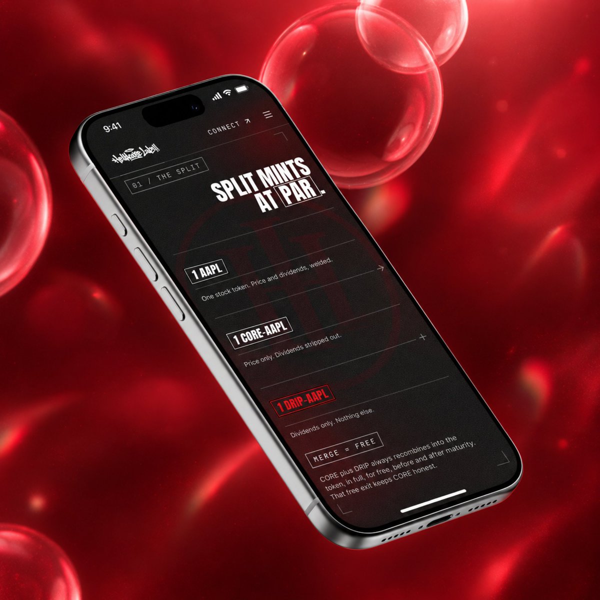 hellhouselabs's tweet photo. 1 AAPL in. CORE-AAPL and DRIP-AAPL out. Merge back to par, anytime, for free. That's the whole trick.

Split at par. Trade each side. Merge back for free.

Hellhouse Labs unbundling the economics inside an asset.
https://t.co/cxZKWb9YDj https://t.co/fDrGh5fsvM
