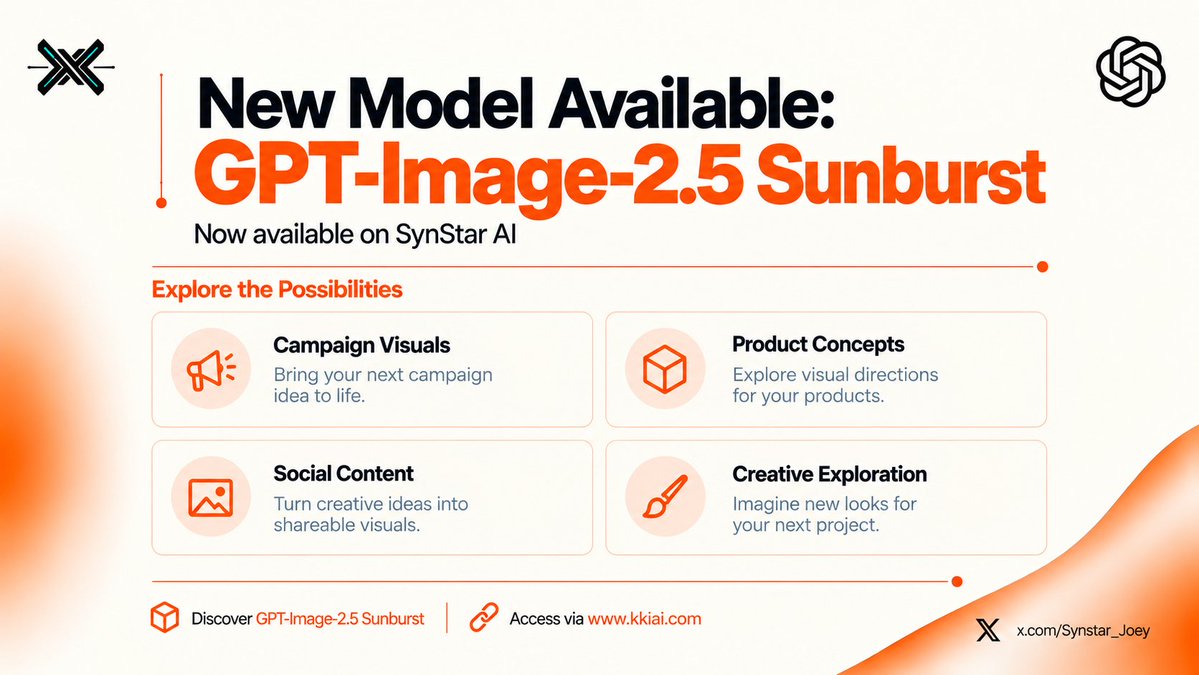 Synstar_Joey's tweet photo. One idea. Which visual direction will you take?

GPT-Image-2.5 Sunburst is now available on SynStar AI ☀️

Try a campaign concept, a product scene, or your next social post. Share your favorite result with us.

https://t.co/m7JFRvhaPv
#AIImages #AIAPI https://t.co/0DHWZuowGm