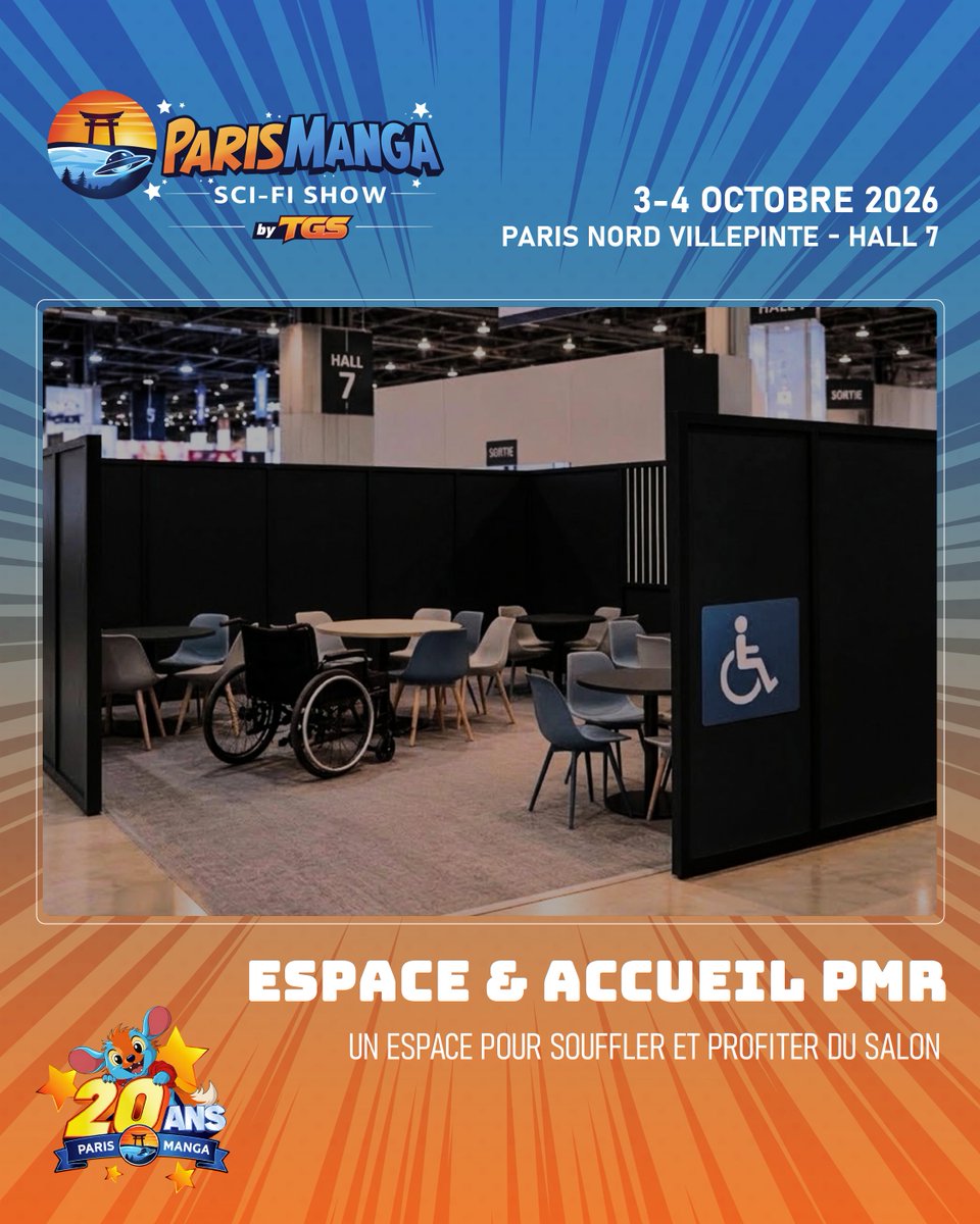 ParisManga's tweet photo. Un espace PMR dédié pour faire une pause et profiter du salon plus confortablement.

Un accompagnateur majeur peut également bénéficier de la gratuité sous certaines conditions.

📅 3 &amp; 4 octobre 2026
📍 Paris Nord Villepinte
🎟️ https://t.co/JNtLQNajC9

#ParisManga #Accessibilité https://t.co/gvkMm42QR1