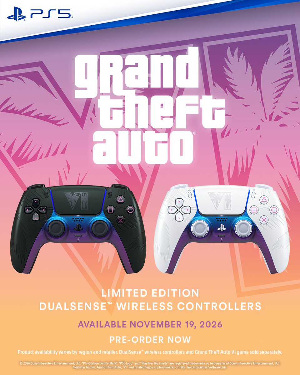 ZGamesUAE's tweet photo. 🔥🎮 جراند ثفت أوتو VI تحصل على لمسة خاصة!

تم الكشف عن يدَي DualSense بإصدار محدود مستوحاة من GTA VI، بتصميمين باللونين الأسود والأبيض مع لمسات مستوحاة من أجو��ء اللعبة. 🖤🤍

📅 تتوفر في 19 نوفمبر 2026
🛒 الطلب المسبق متاح الآن عبر ZGames:
https://t.co/g0Xmc7Hk0L
أي تصميم تختارون؟ 👀
#GTA6 #GTAVI #DualSense #PS5 #PlayStation #ZGames