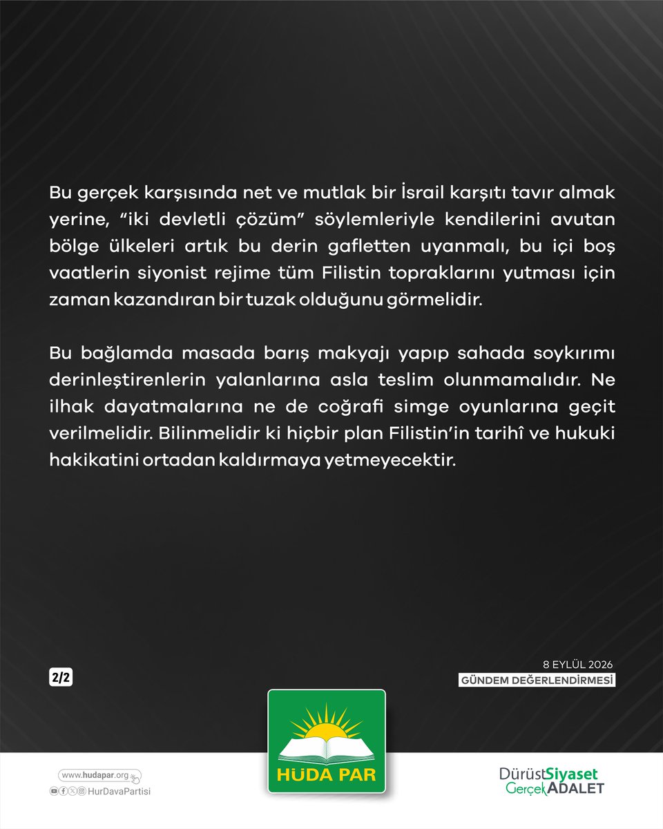 HurDavaPartisi's tweet photo. "Sözde "Barış Kurulu" adına görevlendirilen Tony Blair’in Filistin Yönetimi’nden ders kitaplarındaki “Filistin” ifadesini silerek yerine “Samiriye” yazılmasını istemesi, Filistin’i masada ve zihinlerde yok etme girişiminin belgesidir.

israil karşıtı tavır almak yerine, “iki devletli çözüm” söylemleriyle kendilerini avutan bölge ülkeleri artık bu derin gafletten uyanmalı, bu içi boş vaatlerin siyonist rejime tüm Filistin topraklarını yutması için zaman kazandıran bir tuzak olduğunu görmelidir."