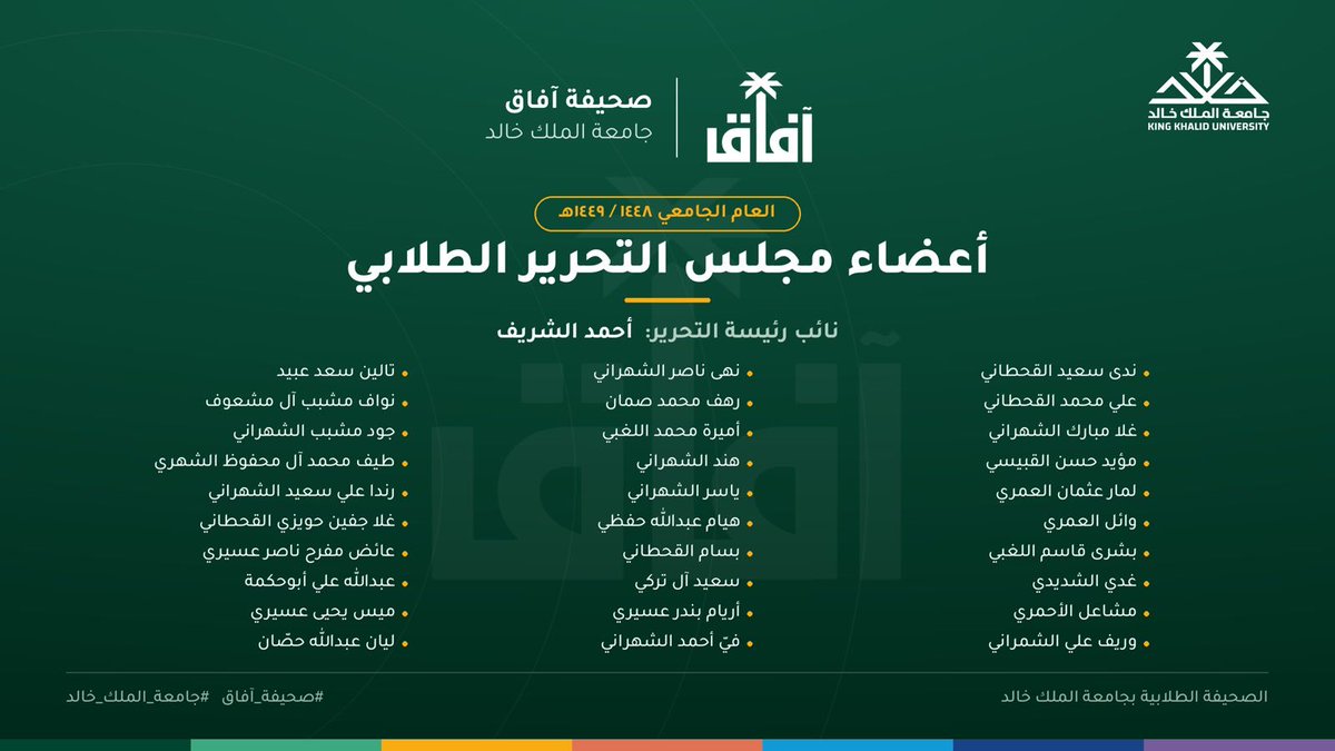 KKU_AAFAQ's tweet photo. أسماء نثق بها، وأقلام نعتزّ بأن تحمل اسم آفاق.
في مجلس التحرير الطلابي يجتمع الاجتهاد بالموهبة؛ أقلام تكتب بوعي، وعدسات ترى التفاصيل، وحضور يليق باسم جامعة الملك خالد.

#صحيفة_آفاق #جامعة_الملك_خالد https://t.co/kx46DQ1xAx