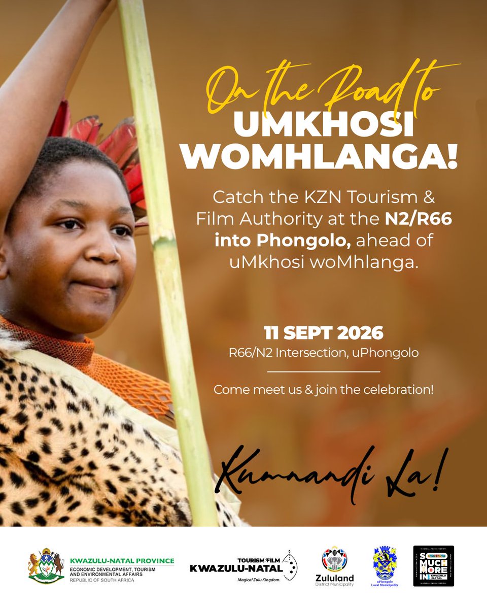 VisitKZN's tweet photo. A celebration of culture, tradition and the spirit of KwaZulu-Natal awaits.
With the excitement building for uMkhosi woMhlanga, we’re heading to uPhongolo to connect with travellers, communities and visitors making their way to this iconic celebration.

Kumnandi La!

#VisitKZN https://t.co/QaZAZAeel8