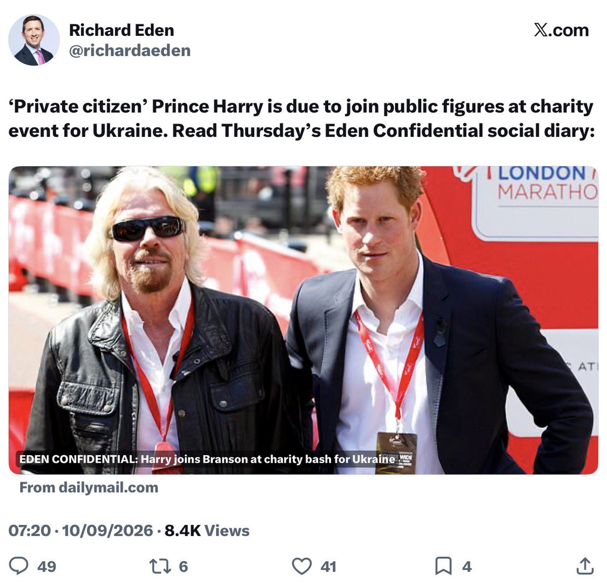 BScheckometer's tweet photo. Maureen couldn’t wait to post about Prince Harry being the star attraction at a United for Freedom charity fundraiser for Ukraine. 
He obviously didn’t get the Palace memo about Willi. 

As for there being no networking at royal engagements; do me a favour. 🤣 https://t.co/fmoDmyraHG