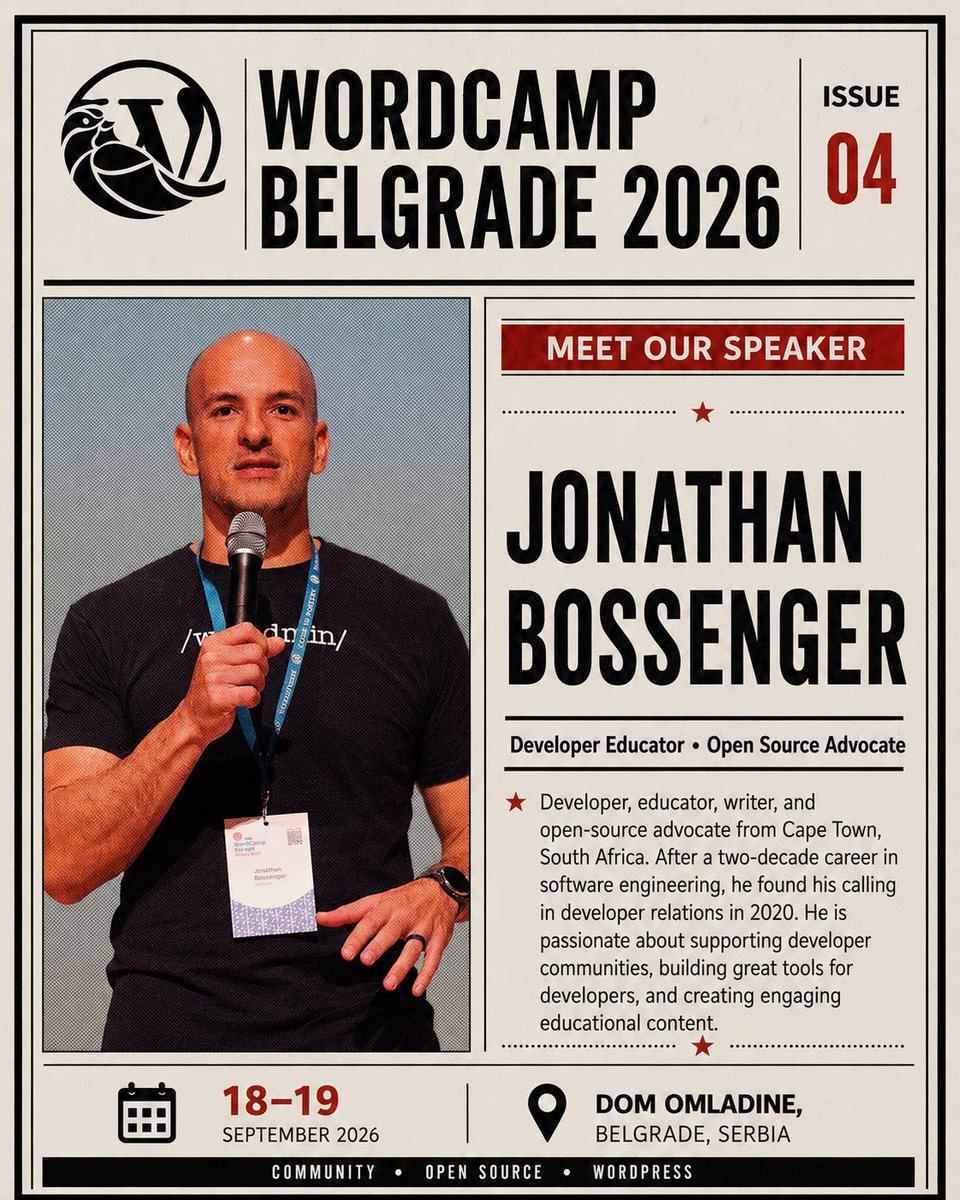 jon_bossenger's tweet photo. I'm speaking at WordCamp Belgrade next week. If you'd like to chat about anything related to #WordPress development, especially in the age of #AI, feel free to book a slot with me here.
https://t.co/2dvx9frchi
#WCBGD https://t.co/0npzanHNDs