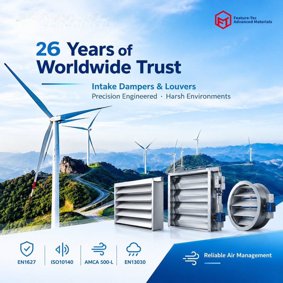 FiltTecGlobal's tweet photo. Enhance wind turbine reliability with Feature-Tec. Advanced air intake dampers &amp; louvers compliant with AMCA 500-L &amp; ISO 10140 standards.

Learn more: https://t.co/6PPMRxYQzt https://t.co/UvSeh0yiNd