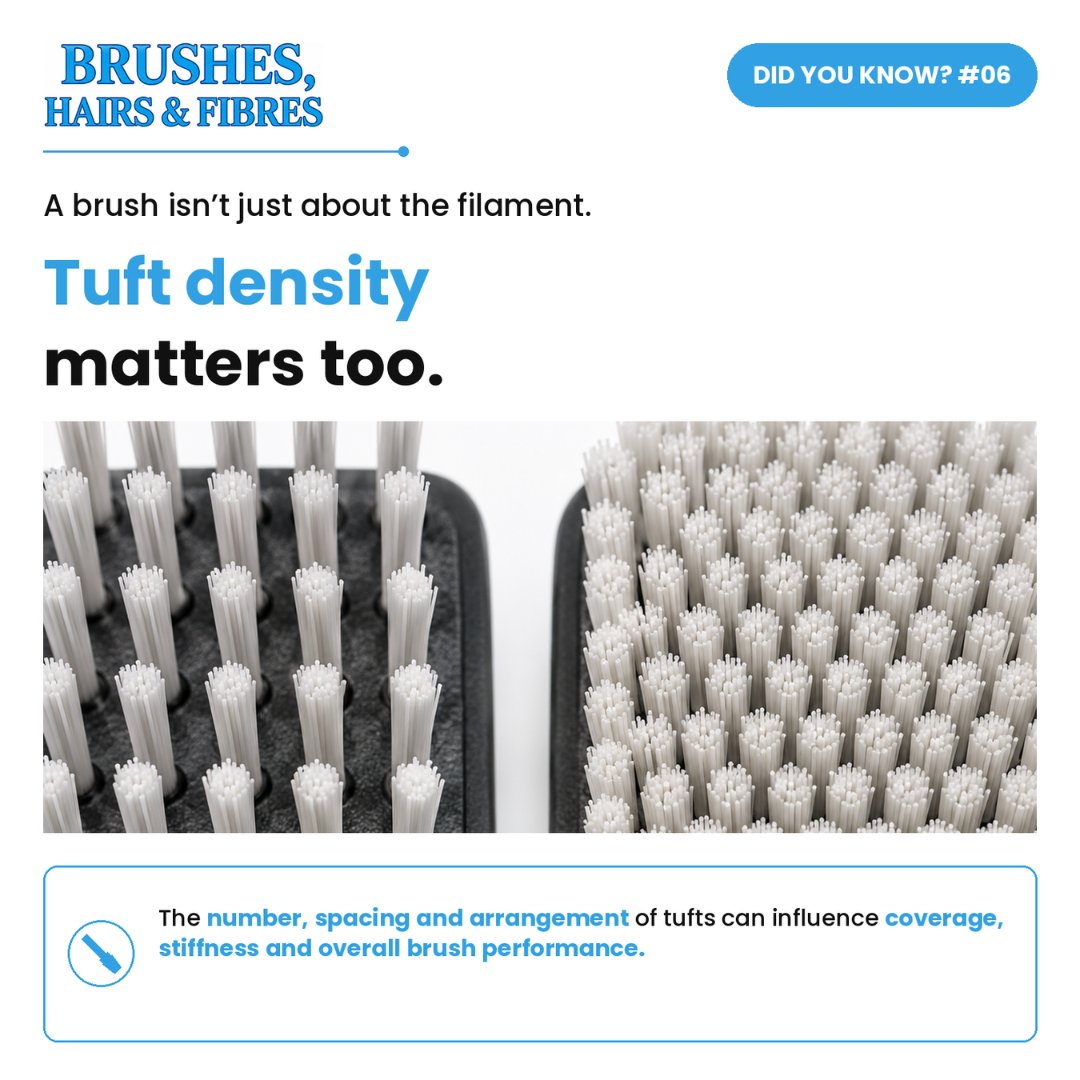 BrushIndustry's tweet photo. A brush isn't just about the filament. Tuft density matters too.

The number, spacing and arrangement of tufts can influence coverage, stiffness and overall brush performance.

Same filament. Different tuft density. Different brush characteristics.

#BrushManufacturing https://t.co/2cbJkGMCQc