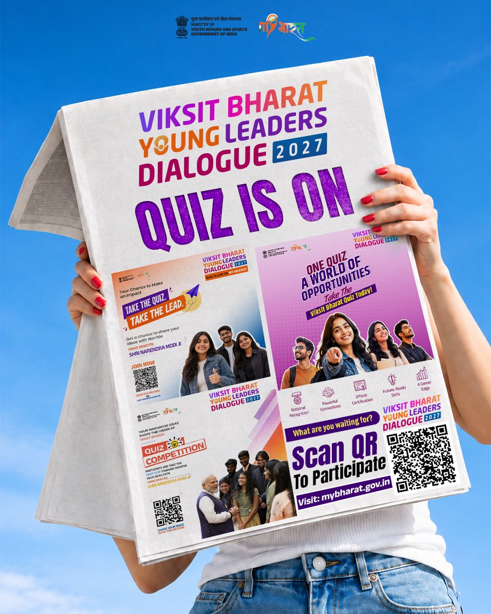 MYBharatHQ's tweet photo. 🗞️ Aaj Ki Taaza Khabar!

The Viksit Bharat Quiz Challenge is ON! 

Take the challenge and begin your VBYLD 2027 journey—your ideas could reach Hon’ble PM Shri Narendra Modi. 

https://t.co/0fACt0Kyfz

⏳ 30 Sept 2026

#MYBharat #YoungLeadersDialogue https://t.co/PeQGXN8PR4