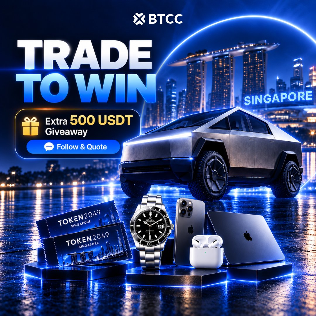 BTCCexchange's tweet photo. BTCC will join the #BTCCTOKEN2049 in SG and we have the campaign 'Trade to Win'. 1M prize pool including Cybertruck, TOKEN2049 tickets, Rolex and Apple gadgets. Let's join it👇
https://t.co/WVwMoStjlw

500USDT Giveaway, 10 winners. Spread the word!!
-Follow @BTCCexchange 
-Quote this post 'Let's join it #BTCCTOKEN2049'
-QT link and trc20 wallet